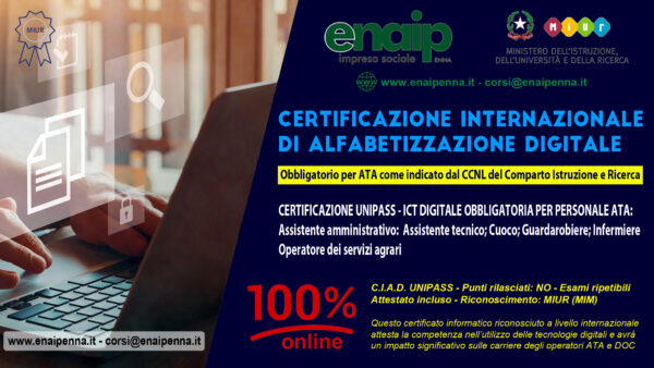Certificazione Internazionale di Alfabetizzazione Informatica ICT - UNIPASS CIAD - ATA 2024/2027 - online con attestato