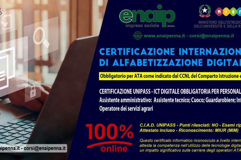 Certificazione Internazionale di Alfabetizzazione Informatica ICT - UNIPASS CIAD - ATA 2024/2027 - online con attestato